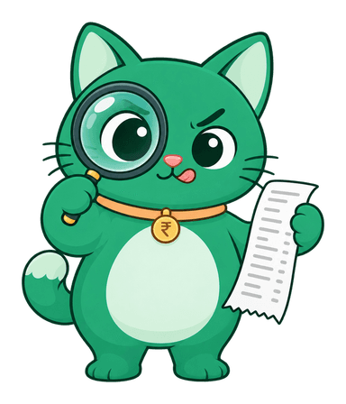Billi with a magnifying glass over a receipt